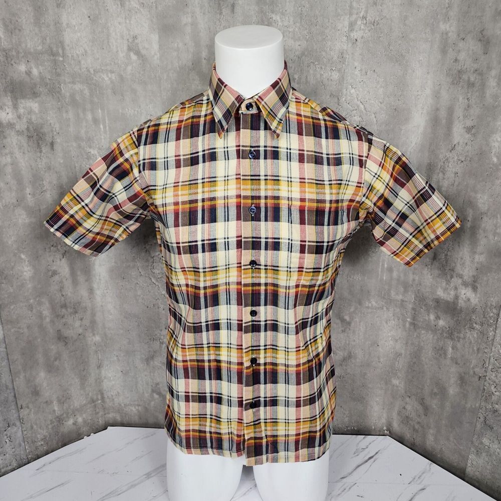 Vintage 70s 80s Kingsport Mens M Multicolor Plaid Short‎ Sleeve Button Up Shirt